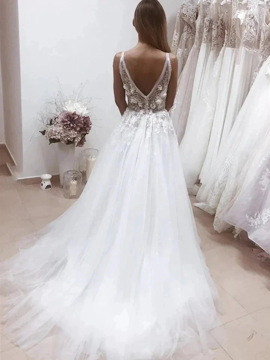 White Long A-line V Neck Backless Lace Appliques Wedding Dresses - Image 2