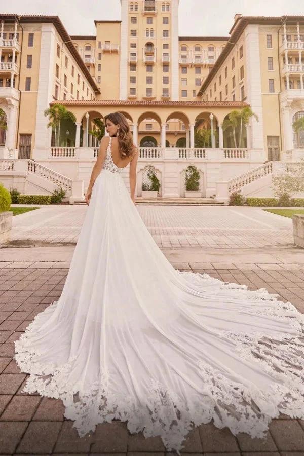 White Long A-line V-neck Chiffon Lace Backless Wedding Dresses with Slit - Image 2