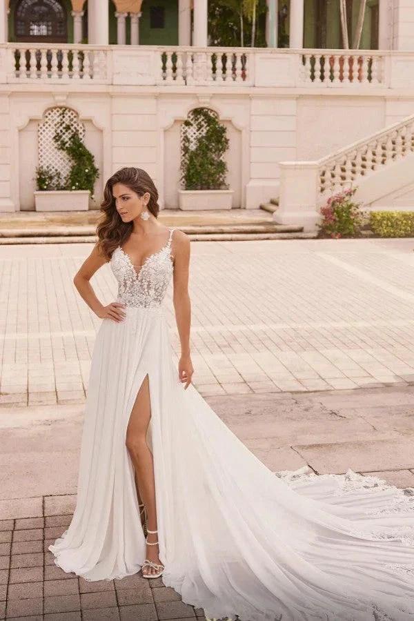 White Long A-line V-neck Chiffon Lace Backless Wedding Dresses with Slit - Image 3