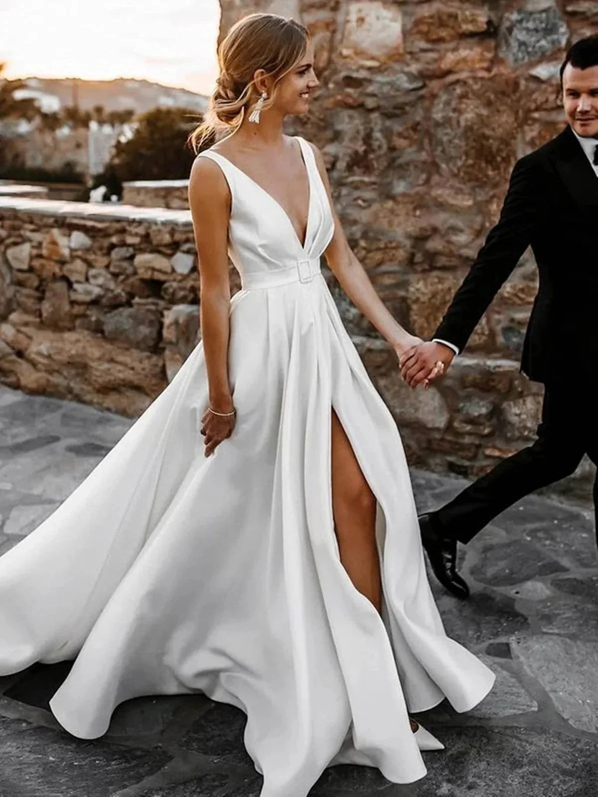White Long A-line V-neck Satin Backless Wedding Dresses with Slit - Image 2