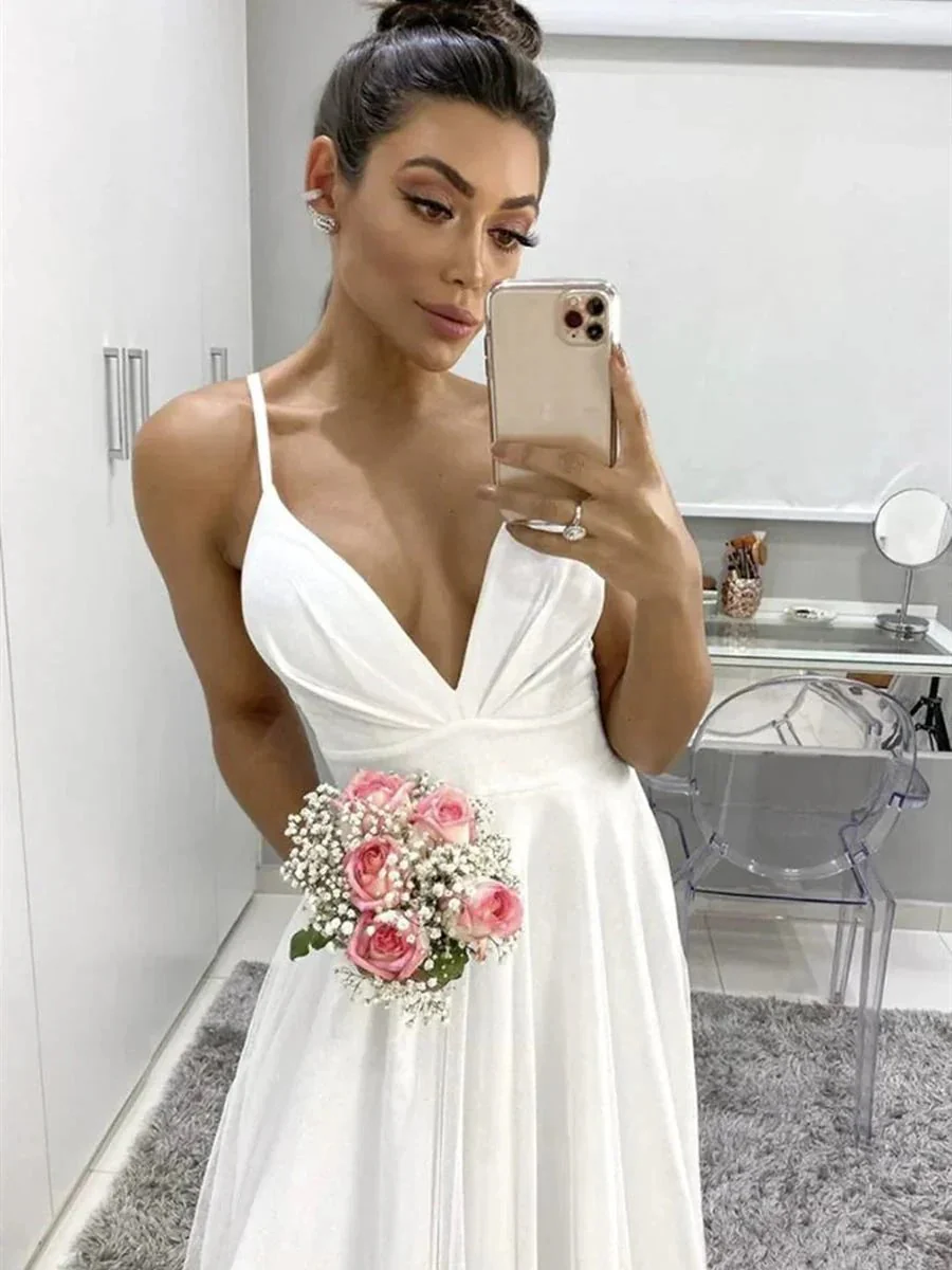 White Long A Line V Neck Spaghetti Straps Backless Formal Graduation Prom Dresses - Image 2