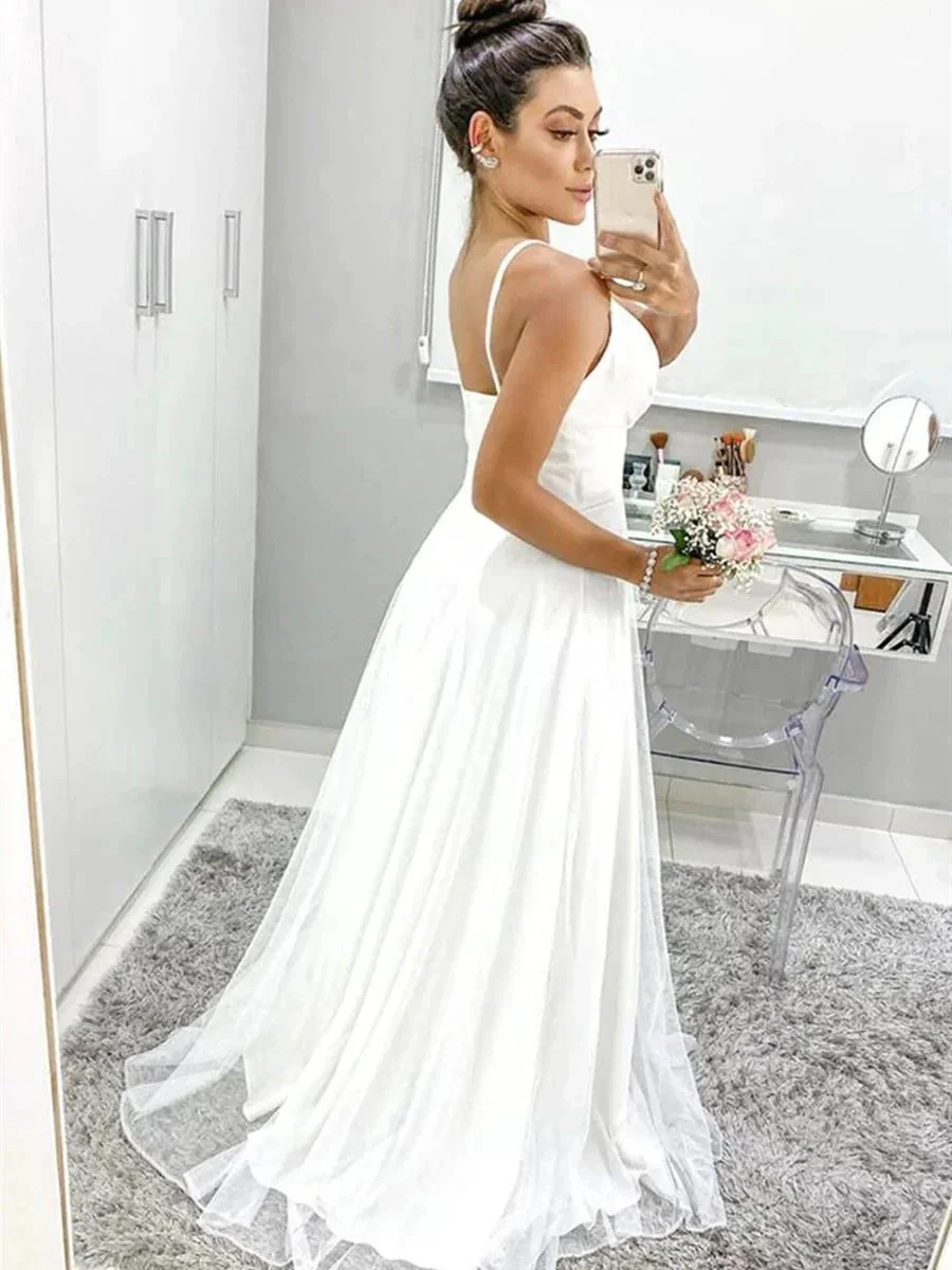 White Long A Line V Neck Spaghetti Straps Backless Formal Graduation Prom Dresses - Image 3