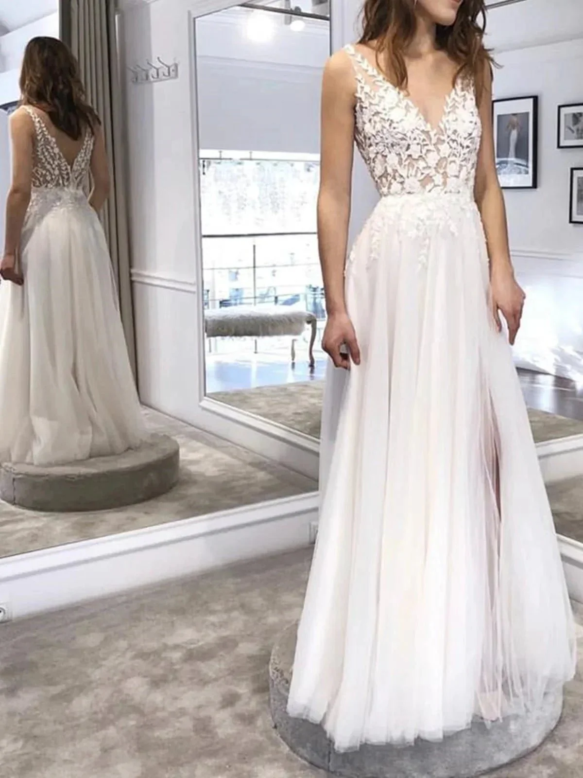 White Long A Line V Neck Tulle Backless Lace Prom Dress with Slit - Image 2