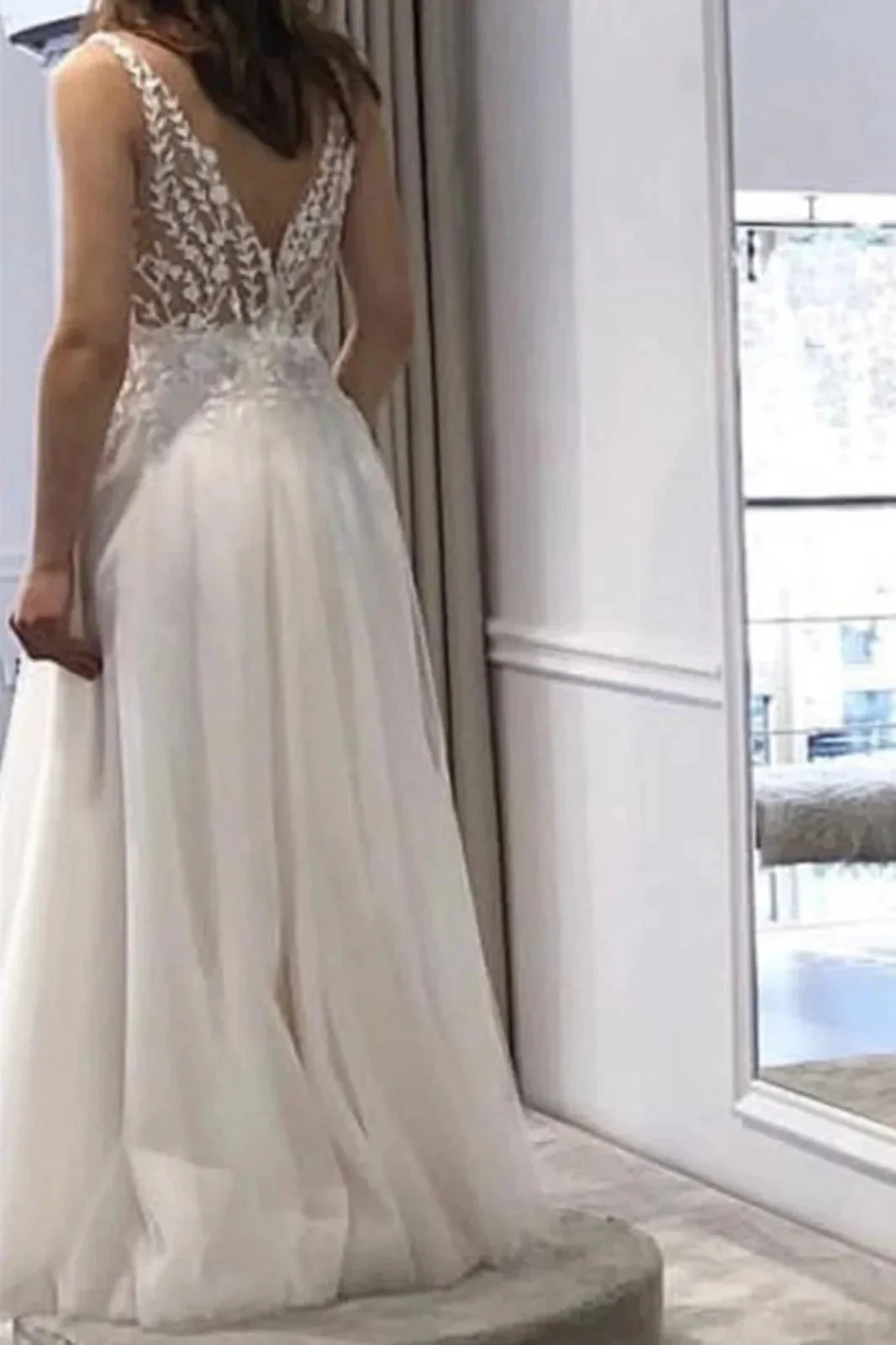 White Long A Line V Neck Tulle Backless Lace Prom Dress with Slit - Image 3