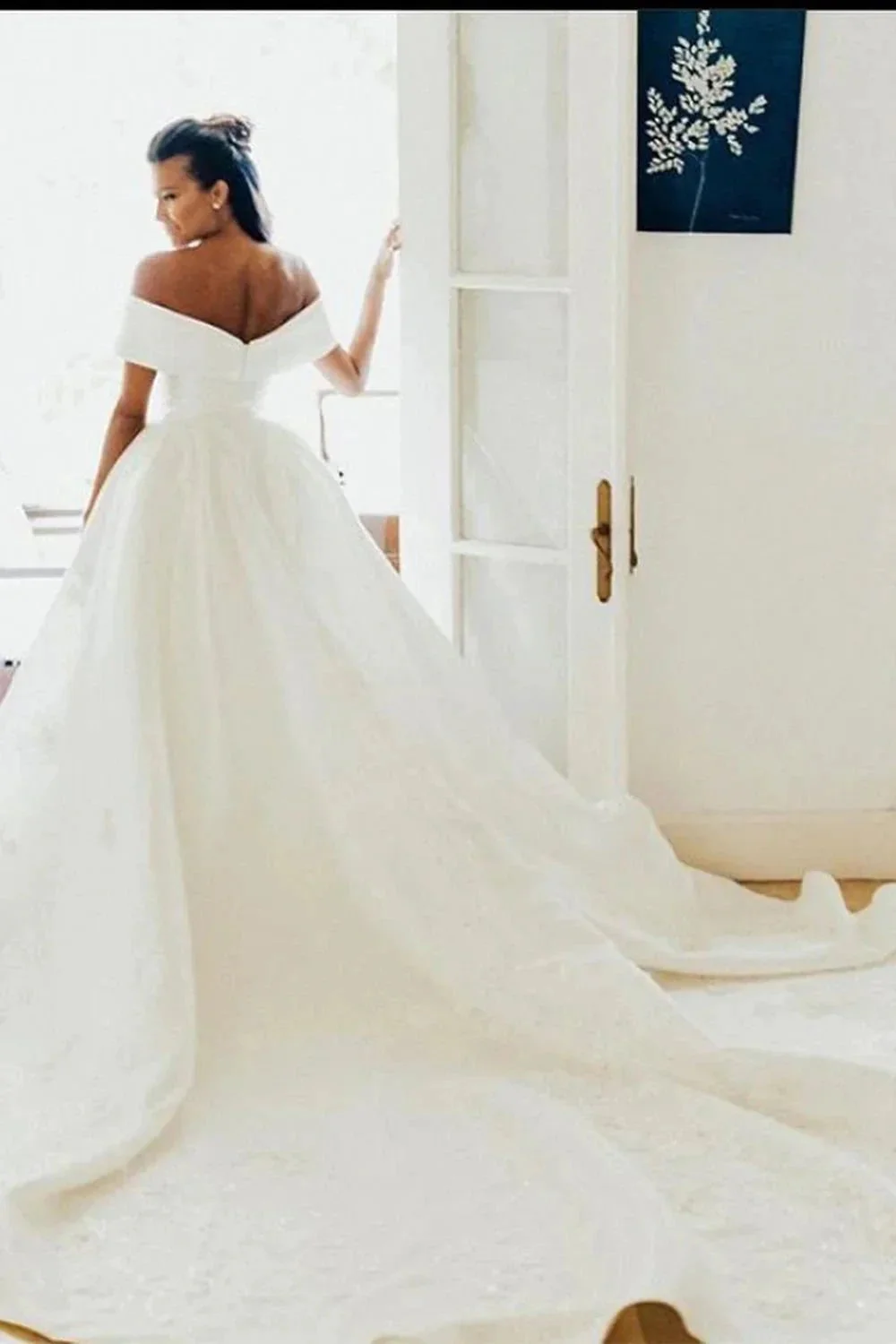 White Long Ball Gown Off The Shoulder Satin Wedding Dress - Image 4
