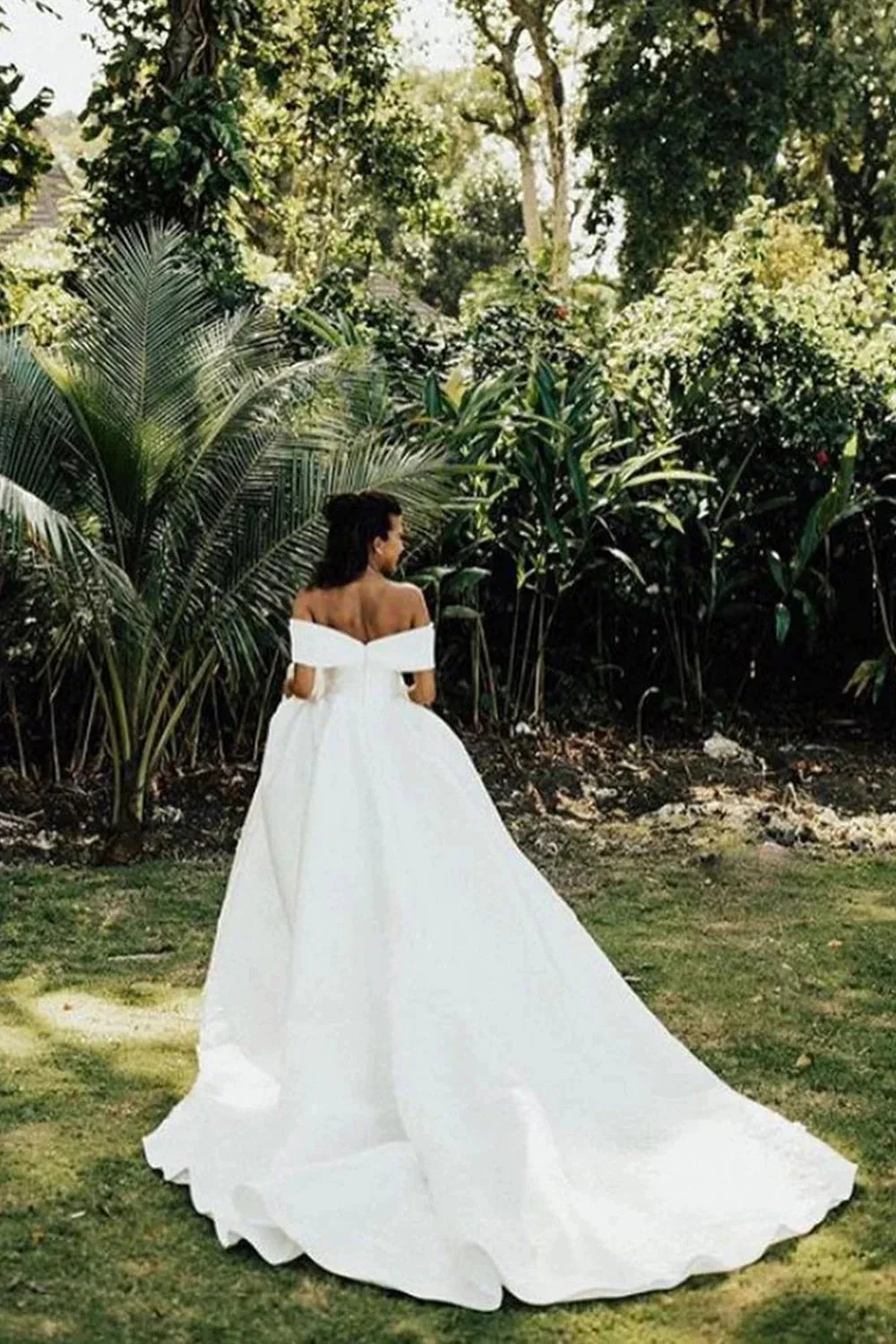 White Long Ball Gown Off The Shoulder Satin Wedding Dress - Image 5