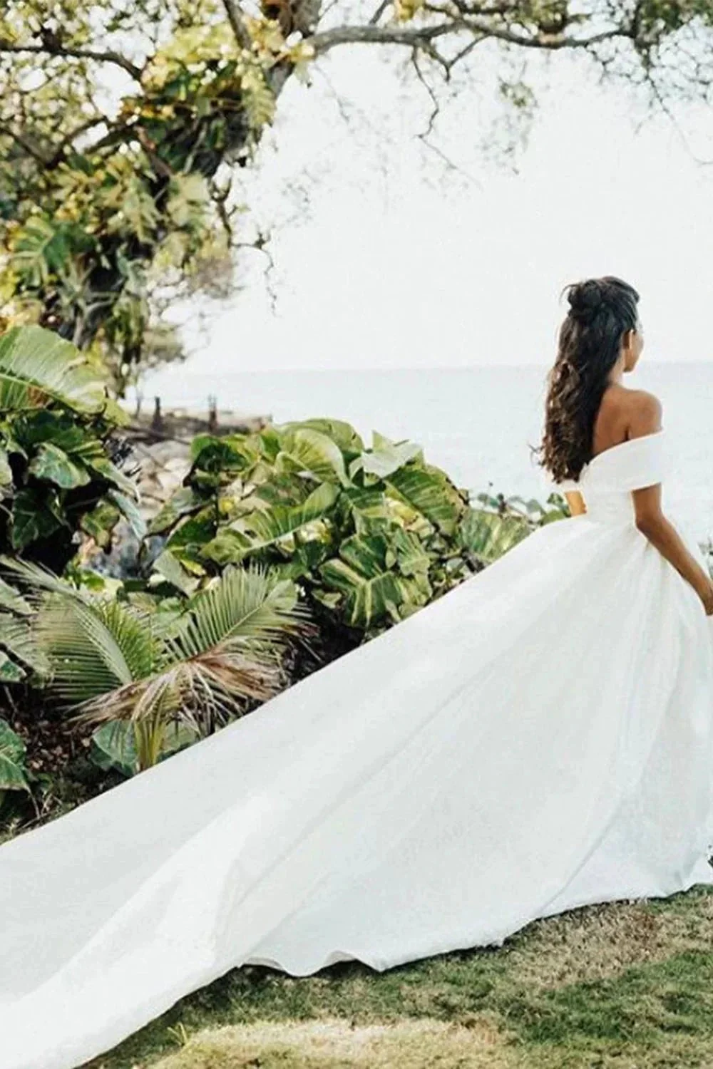 White Long Ball Gown Off The Shoulder Satin Wedding Dress - Image 6