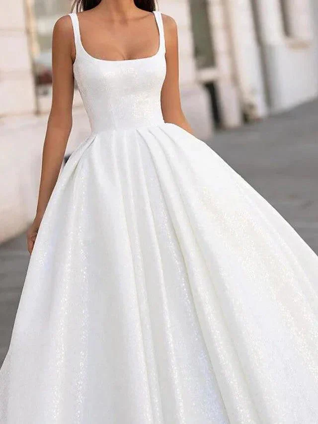White Long Ball Gown Scoop Neck Court Train Satin Wedding Dresses - Image 2