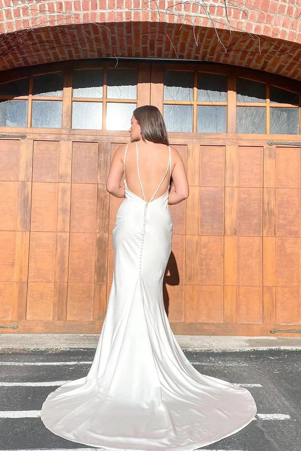 White Long Mermaid Spaghetti Straps Sweetheart Open Back Satin Wedding Dress - Image 2