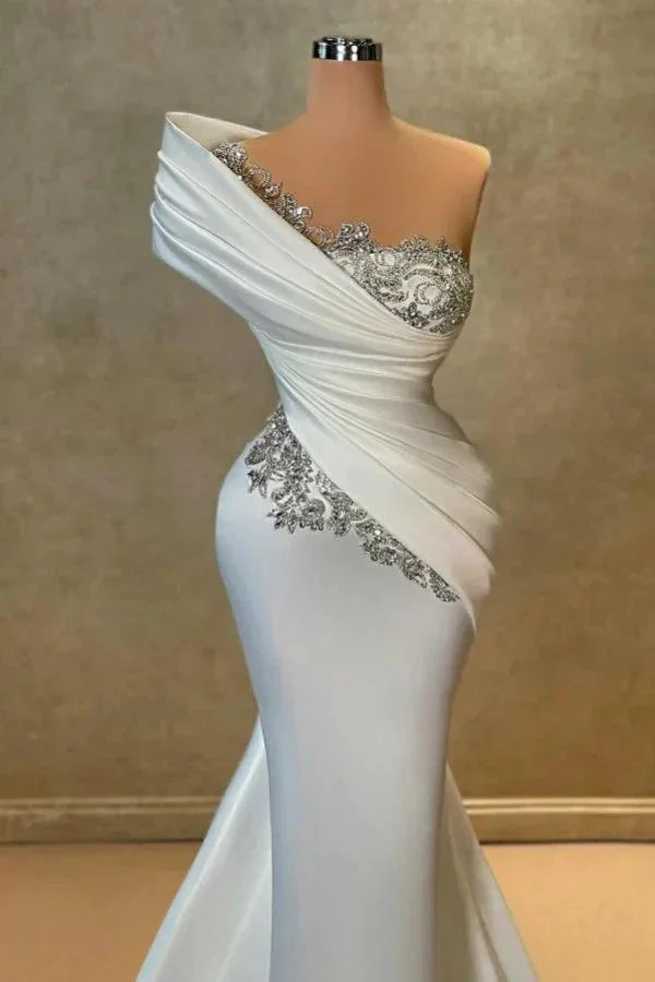 White Long One Shoulder Mermaid Lace Satin Prom Dress With Beads - Image 2