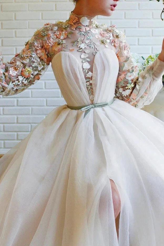 White Long Sleeves A-line High Neck Tulle Flower Mermaid Prom Dresses with Slit - Image 2