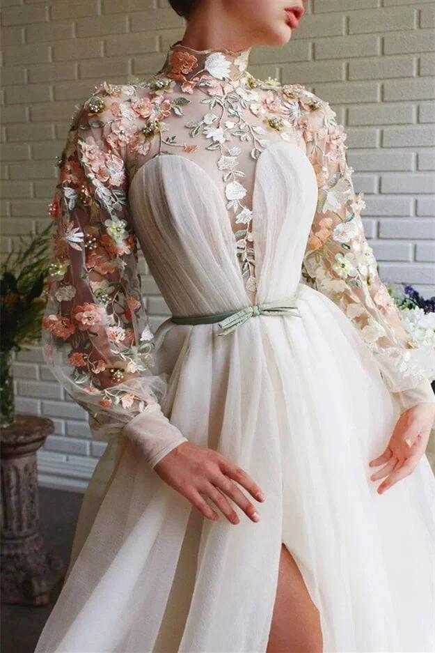 White Long Sleeves A-line High Neck Tulle Flower Mermaid Prom Dresses with Slit - Image 3