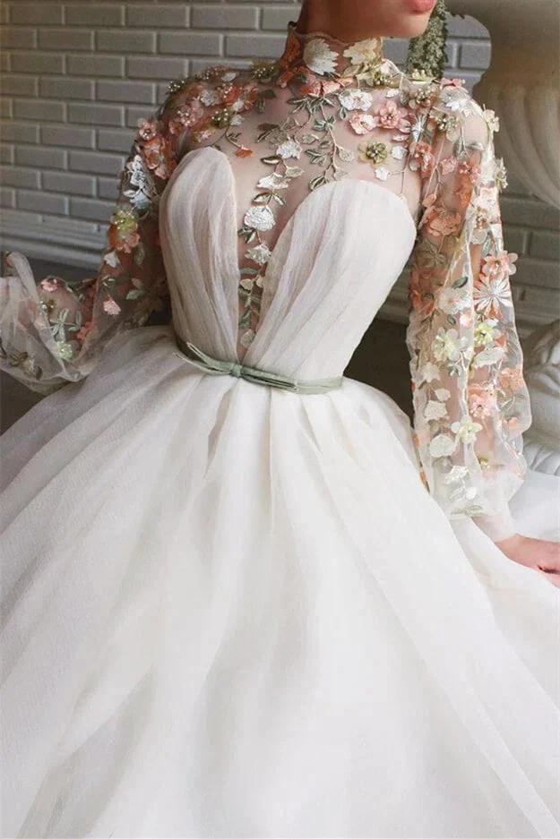 White Long Sleeves A-line High Neck Tulle Flower Mermaid Prom Dresses with Slit - Image 4
