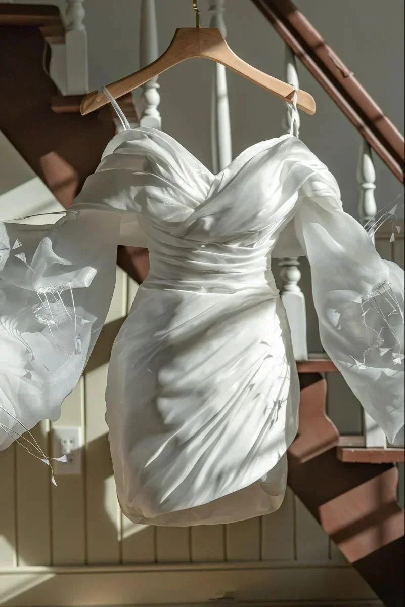 White Long Sleeves Homecoming Dress with Pleated White Graduation Dress Y2545 - Image 2