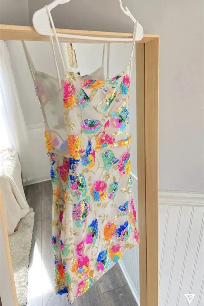 White Multi-Colors Sequins Backless Straps Sheath Homecoming Dress Y2798 - Image 3