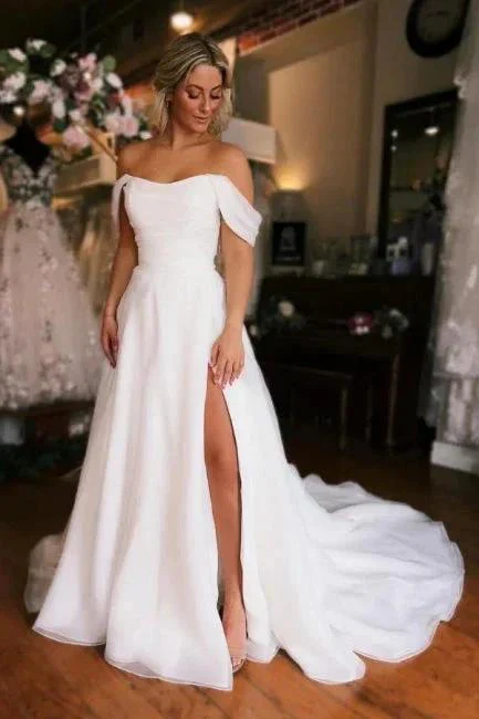 White Off the shoulder High split Wedding Dress - Image 3