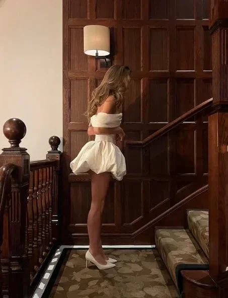 White Off The Shoulder Satin A Line Homecoming Dress Mini Prom Dress Y8420 - Image 2