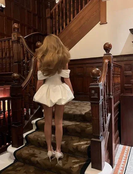 White Off The Shoulder Satin A Line Homecoming Dress Mini Prom Dress Y8420 - Image 3