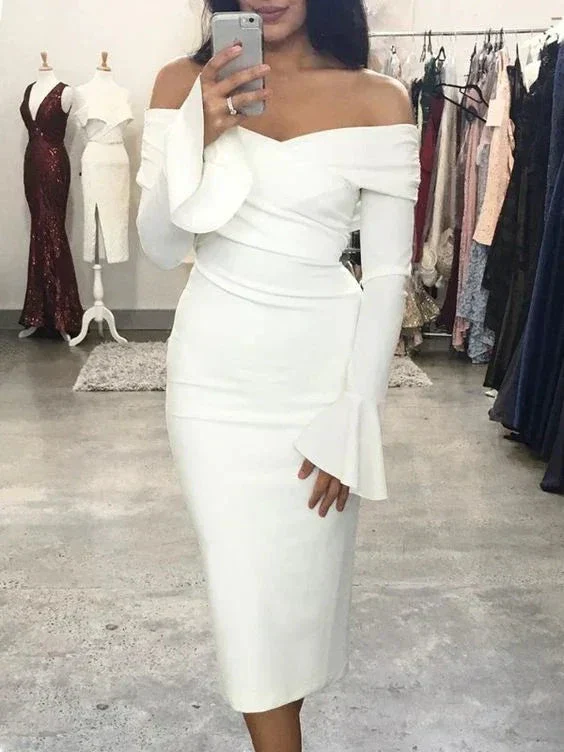 White Off The Shoulder Sheath Party Dress White Homecoming Dress White Cocktail Dress Y6873 - Image 2