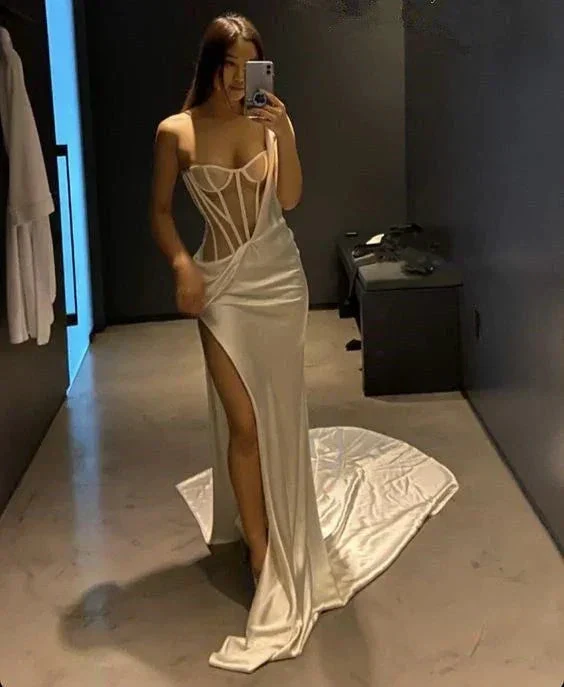 White One Shoulder Long Prom Dress With High Split Sexy Evening Dress Y189 - Image 2