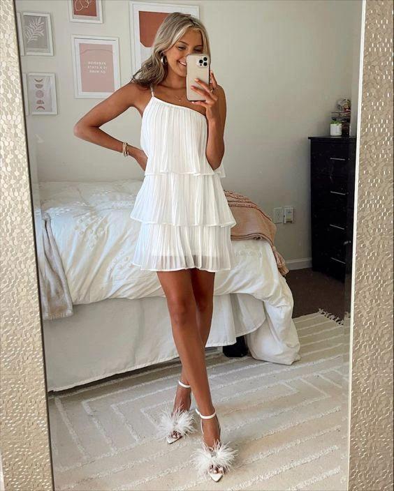White Pleated One-shoulder Graduation Dress White Short Homecoming Dress Y1846 - Image 2