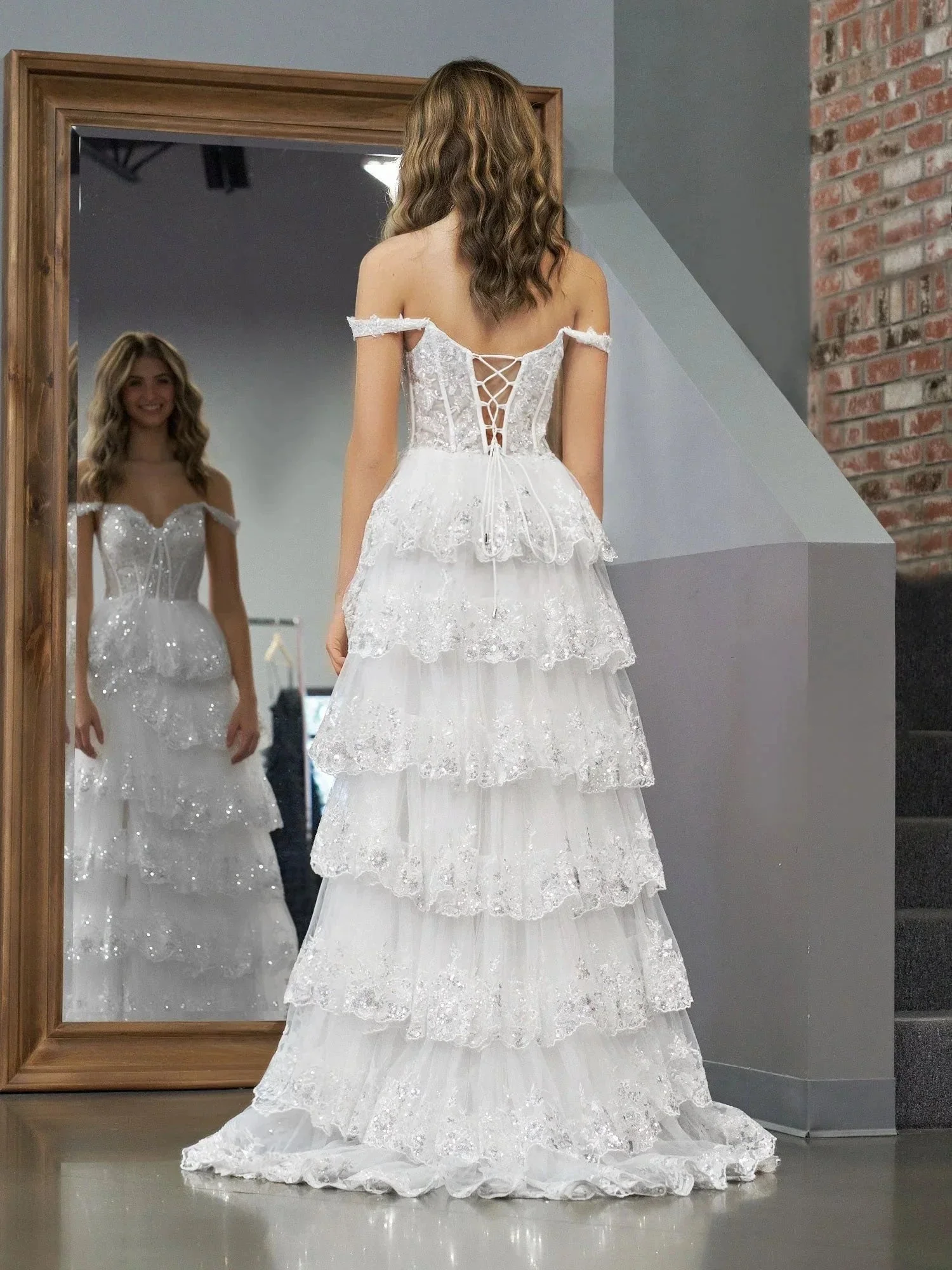 White Princess A Line Off the Shoulder White Corset Prom Dress with Lace Ruffles - Image 2