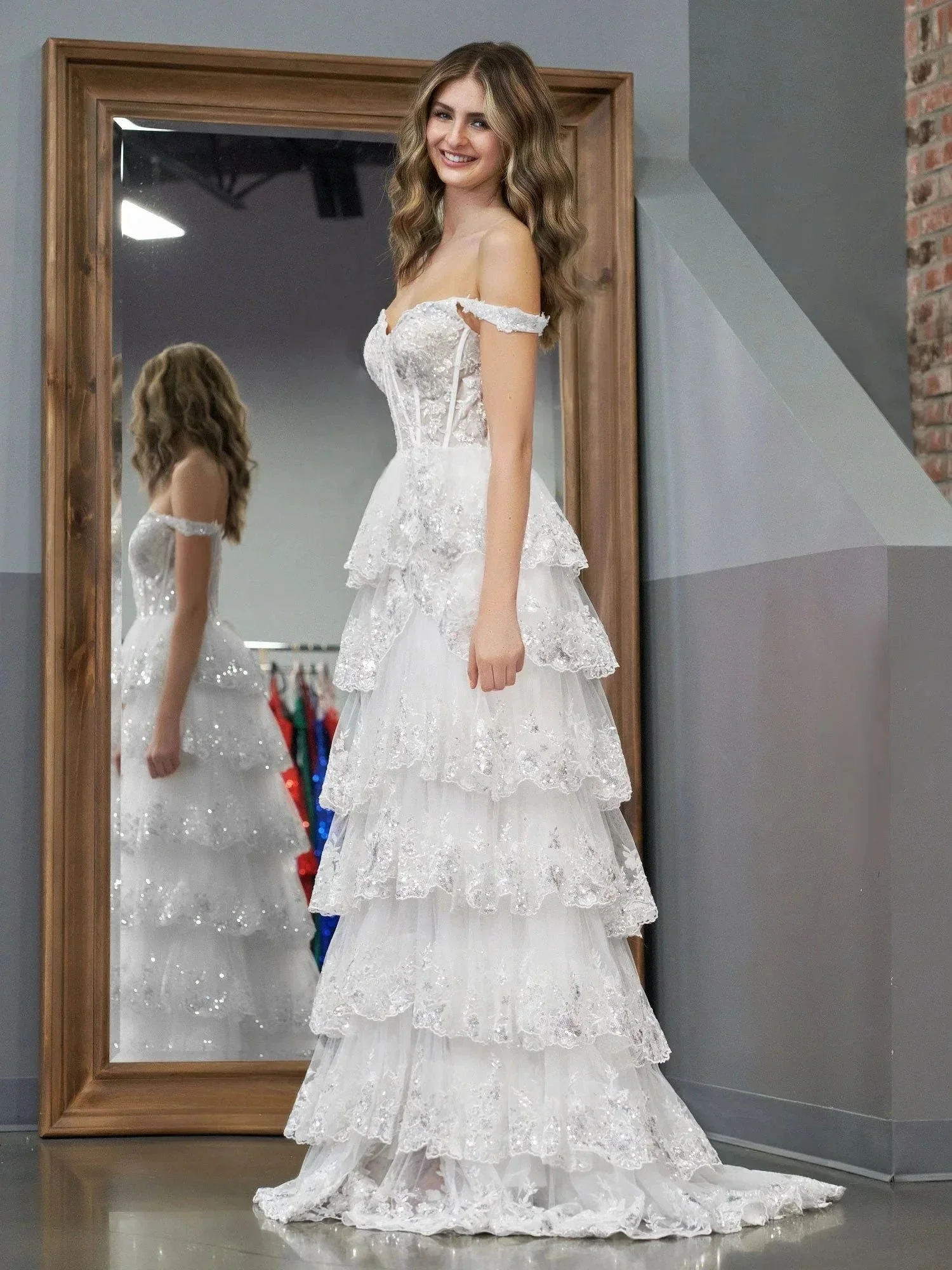 White Princess A Line Off the Shoulder White Corset Prom Dress with Lace Ruffles - Image 3
