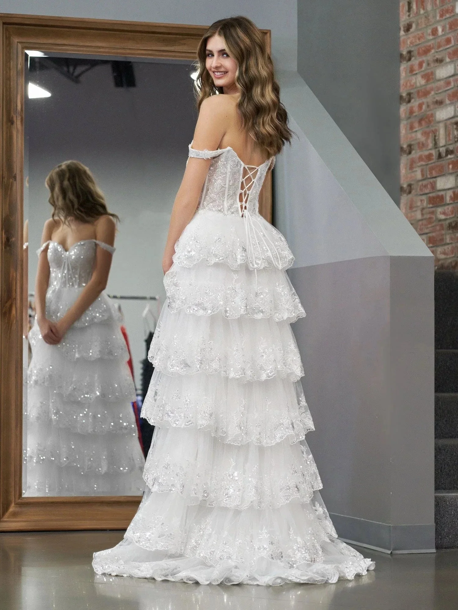 White Princess A Line Off the Shoulder White Corset Prom Dress with Lace Ruffles - Image 4