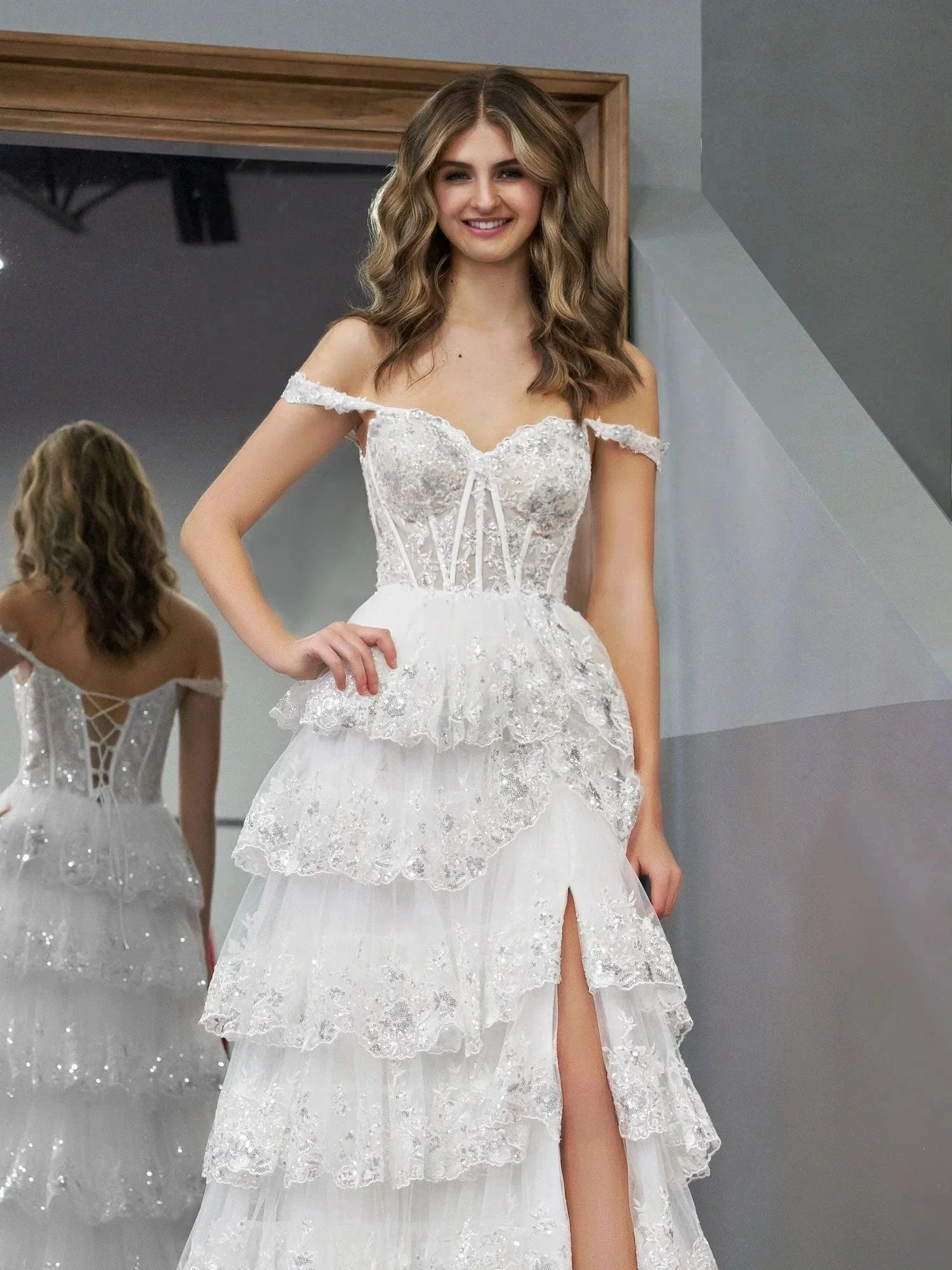 White Princess A Line Off the Shoulder White Corset Prom Dress with Lace Ruffles - Image 5