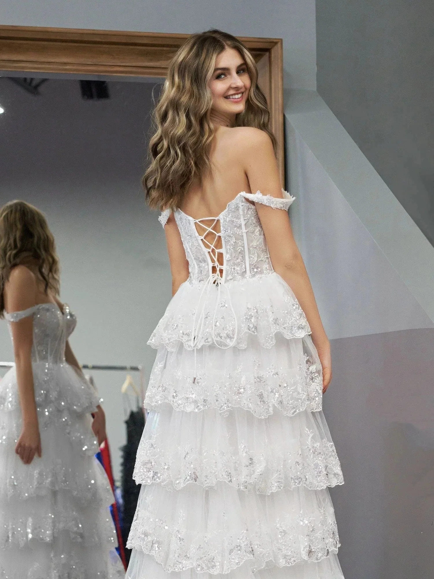 White Princess A Line Off the Shoulder White Corset Prom Dress with Lace Ruffles - Image 6