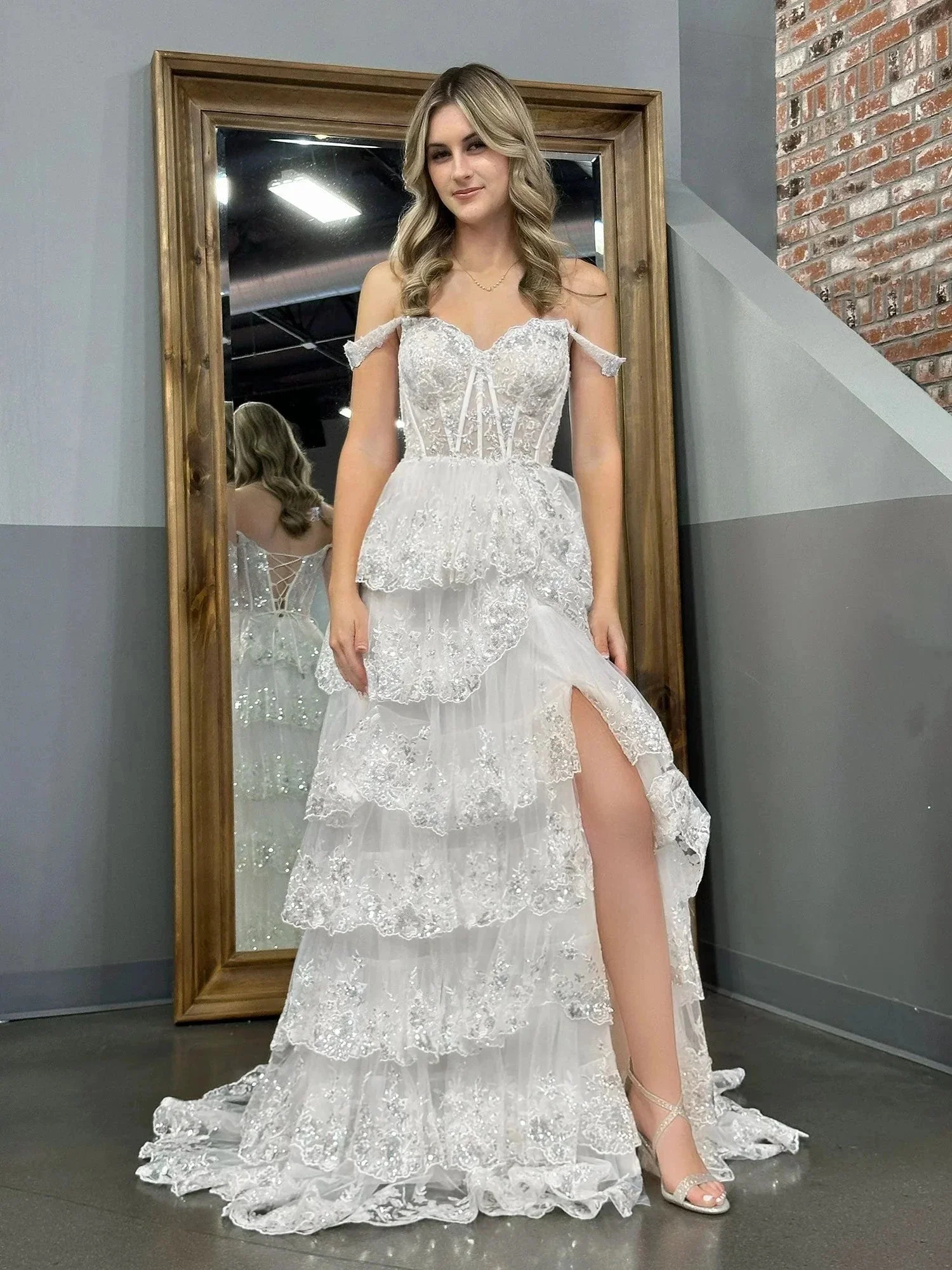White Princess A Line Off the Shoulder White Corset Prom Dress with Lace Ruffles - Image 7