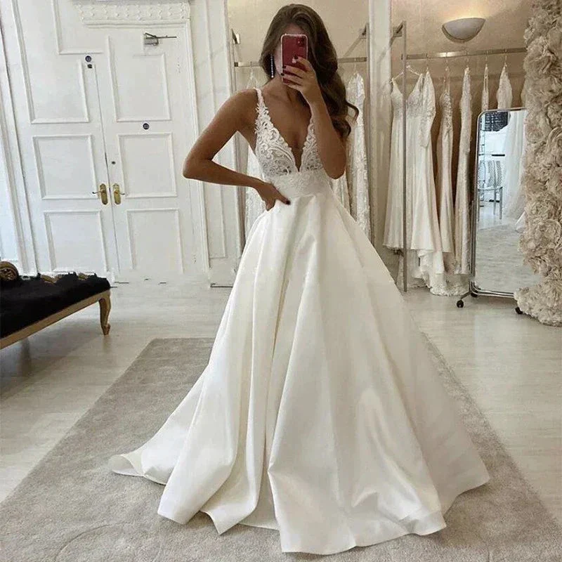 White Satin A Line Bridal Gowns Sexy Deep V Neck Wedding Dress Boho Vestido De Noiva Simple Appliques Back Less With Pocket - Image 3
