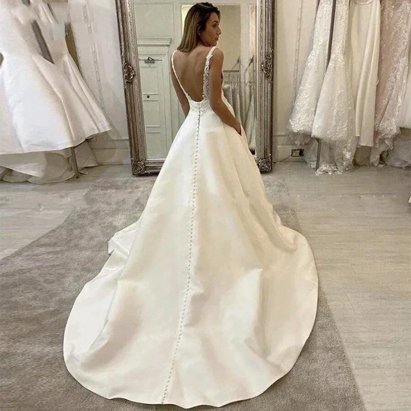 White Satin A Line Bridal Gowns Sexy Deep V Neck Wedding Dress Boho Vestido De Noiva Simple Appliques Back Less With Pocket - Image 5