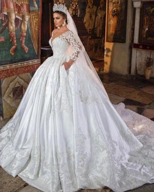 White Satin A-line Lace V-neck Wedding Dresses With Long Sleeves - Image 2