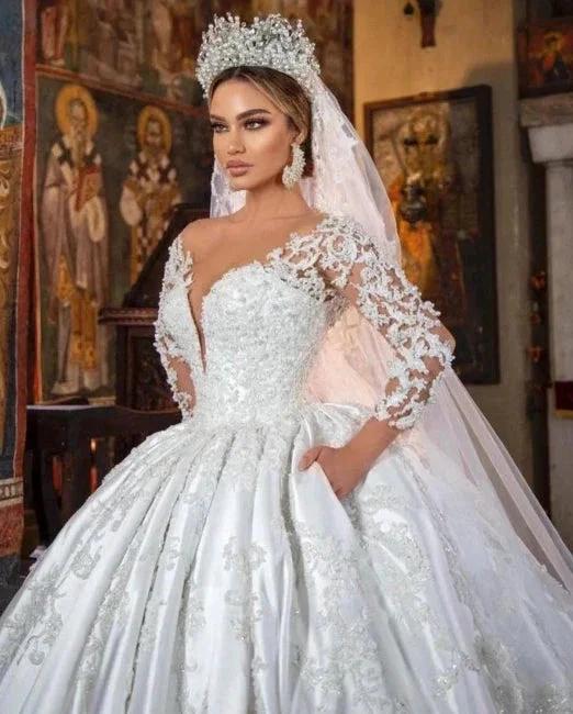 White Satin A-line Lace V-neck Wedding Dresses With Long Sleeves - Image 3
