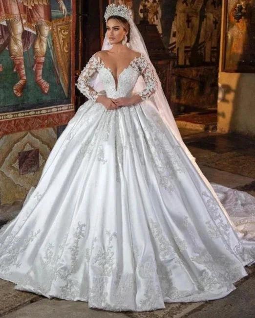 White Satin A-line Lace V-neck Wedding Dresses With Long Sleeves - Image 4
