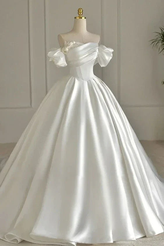 White Satin Beading Strapless Pleated Wedding Dress Y6852 - Image 2