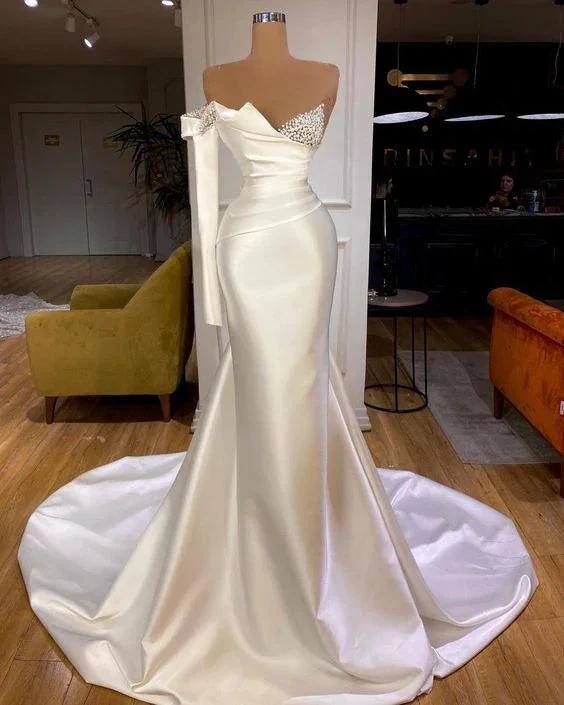 White Satin One Shoulder Long Mermaid Prom Dresses - Image 2