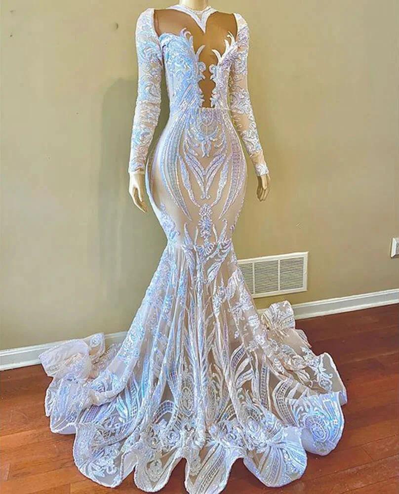White Sequins Appliques Lace Mermaid Prom Dress With Long Sleeves - Image 2