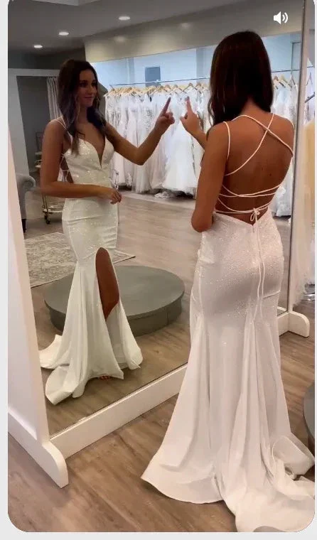 White Sequins Mermaid Backless Long Evening Dresses Y1638 - Image 2