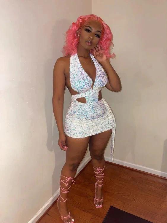 White Sequins Waist Cut Club Dress Sexy Halter Neckline Homecoming Dress 18th Birthday Outfit For Black Girls Y330 - Image 2