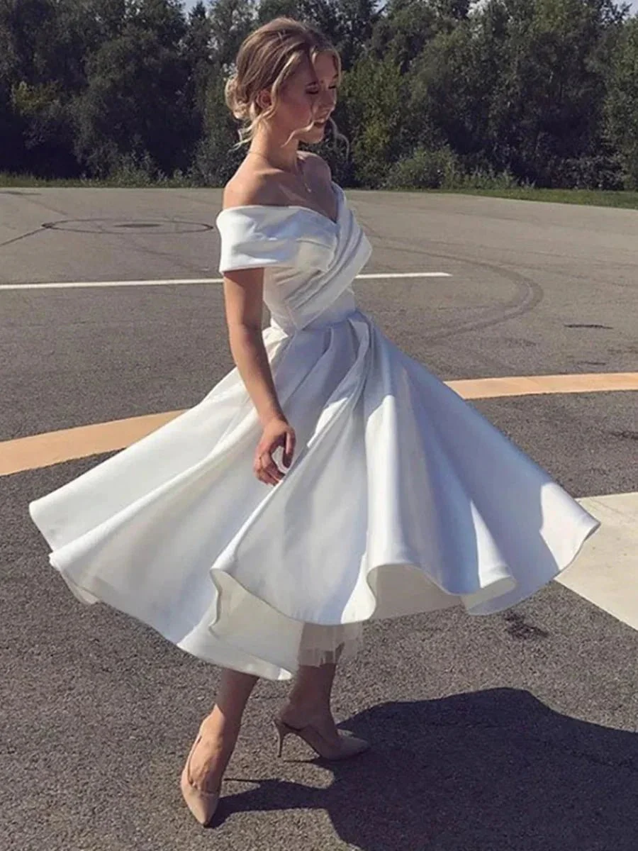 White Short A-line Off the Shoulder Tea Length Satin Wedding Dresses - Image 2