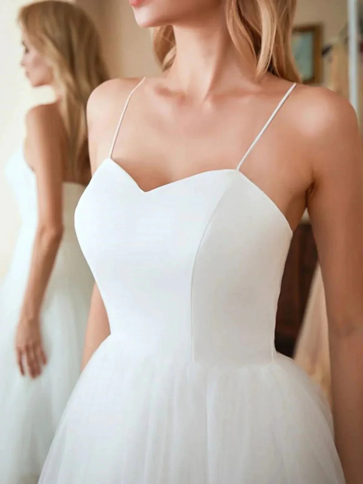 White Short A-line Sweetheart Tulle Tea Length Wedding Dresses - Image 2