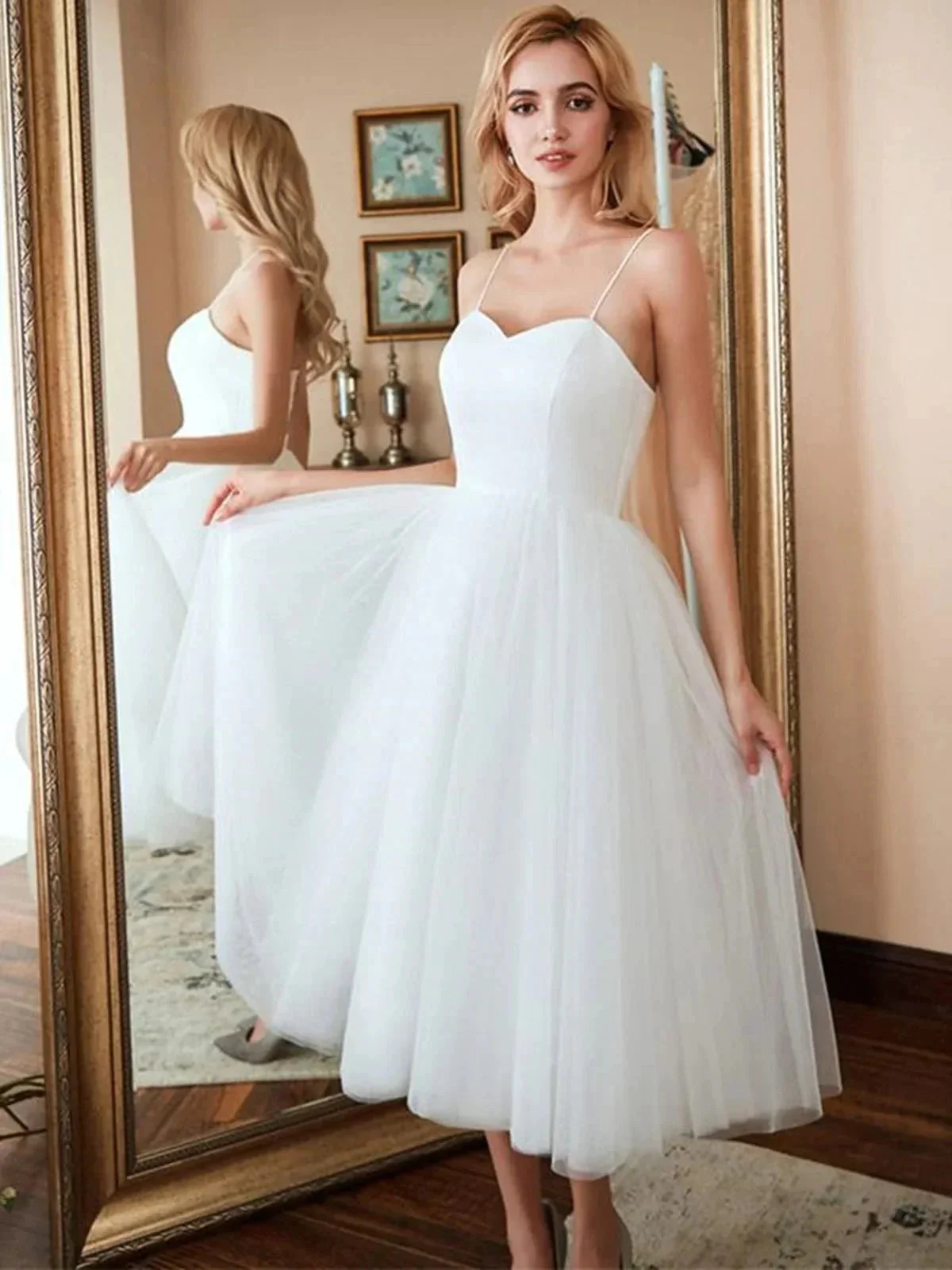 White Short A-line Sweetheart Tulle Tea Length Wedding Dresses - Image 3