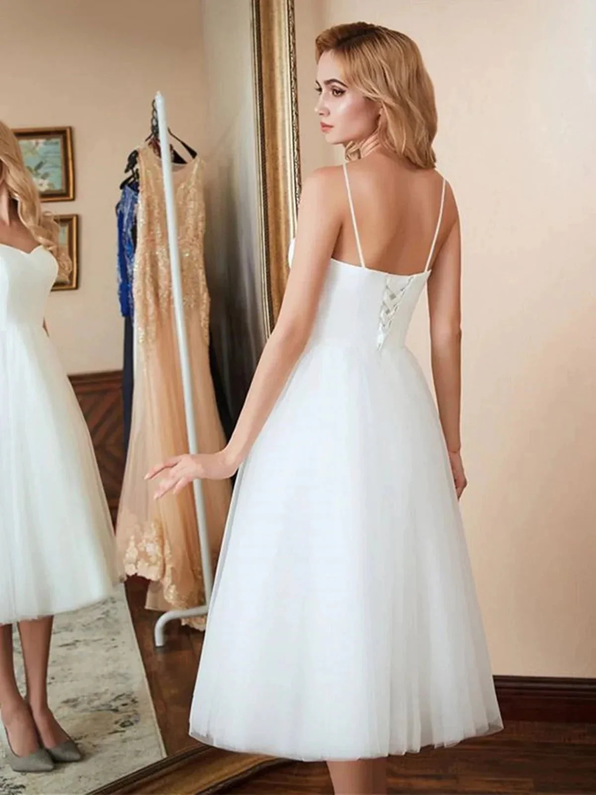 White Short A-line Sweetheart Tulle Tea Length Wedding Dresses - Image 4