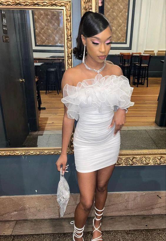 White Short Homecoming Dress With Rufflues Y73 - Image 2