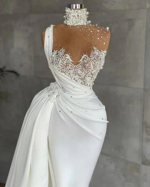 White Sleeveless Satin Beading Ruffles Mermaid Prom Dresses - Image 2