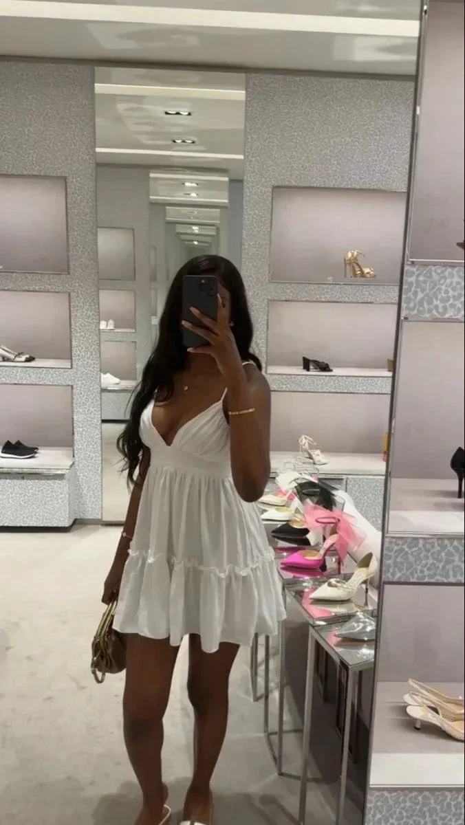 White Spaghetti Straps V Neck Homecoming Dress Y2849 - Image 2