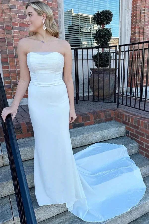 White Strapless Mermaid Long Modest Wedding Dress WD705 - Image 2