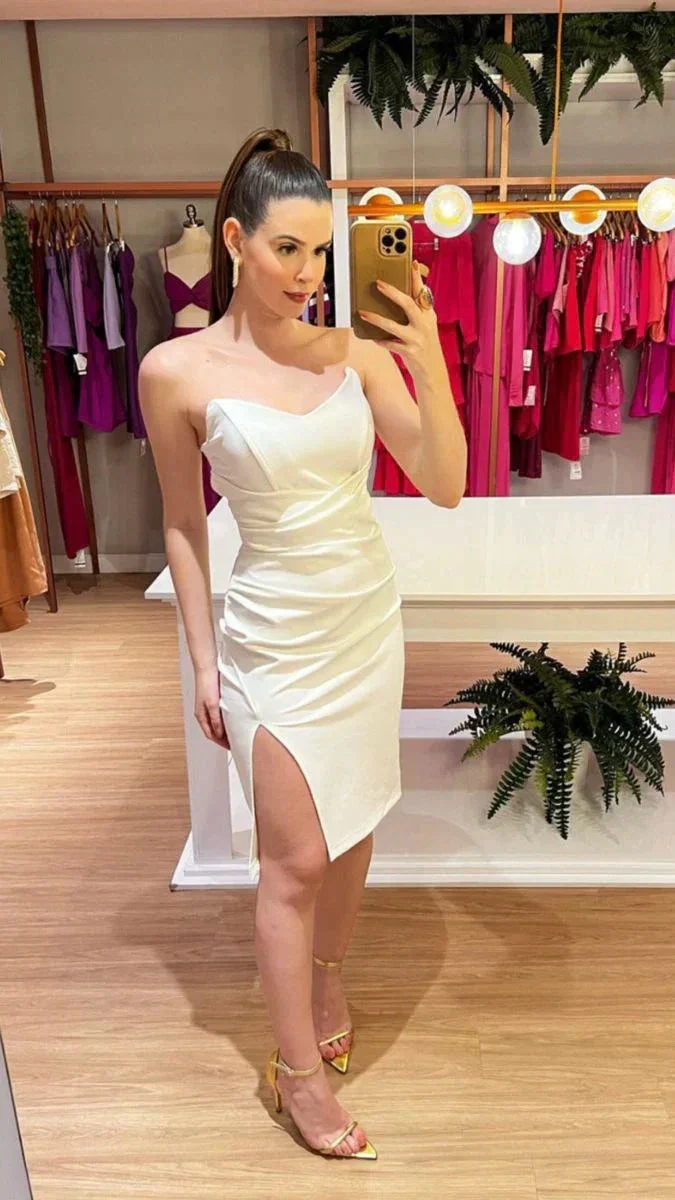 White Strapless Party Dress With Leg Slit White Homecoming Dress Y4843 - Image 2